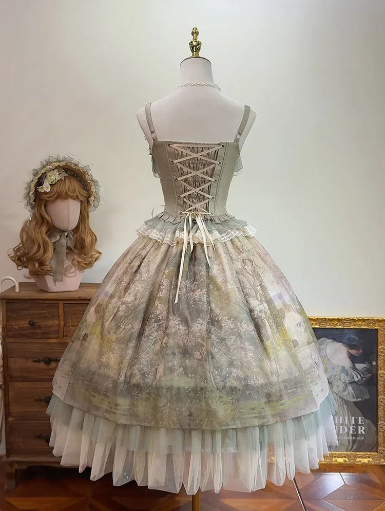 Jupe Lolita en tulle à imprimé floral et peinture à l'huile verte