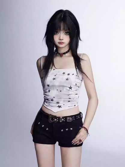 Dye Star Print Glamorous White Tie Cami Top Cropped