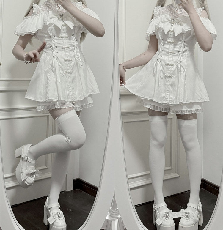Style Illusion Bow Tie Mini Dress Set- Kei Cheongsam White + Shorts Jirai Neckline + Bell Sleeves