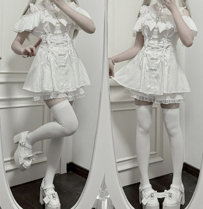 Style Illusion Bow Tie Mini Dress Set- Kei Cheongsam White + Shorts Jirai Neckline + Bell Sleeves