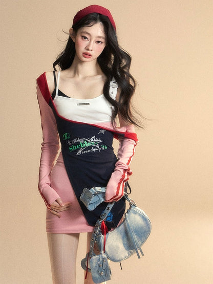 Waist Patchwork Design Glamorous Pink Dress High Mini
