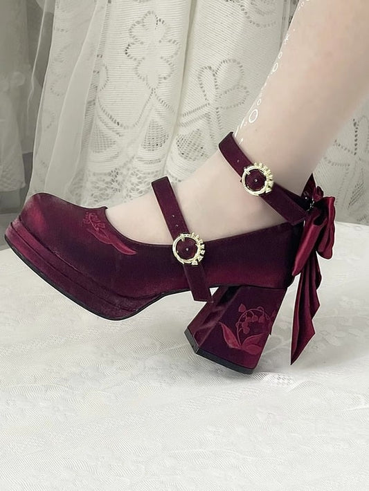 Mary the Detachable Embroidery Middle Janes Bowknot Red Lily Valley Wine of Heels