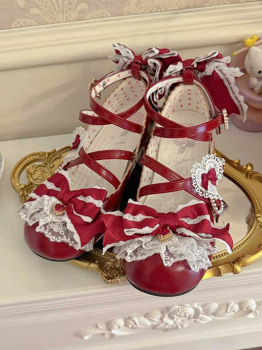 Sweet Straps Crisscross Buckle Red 2CM/5CM Block Lolita Details Design Shoes Heart Heels Bowknot
