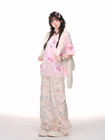Beige Bowknot Pattern Cargo Pockets Wide-leg Cut Pants