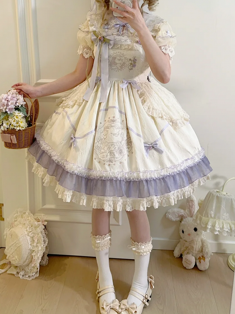 High Teddy Waist Bowknot Dress Lolita Floral Fabric and Embroidery