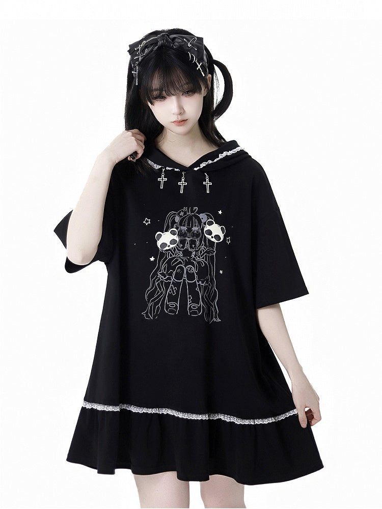 Black Cross Charms Contrast Girl Trim Dress Print Hooded Bittersweet Lace