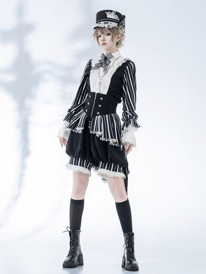 Black and White Ouji Lolita Circus Magician Vibes Striped Long Sleeves Shirt