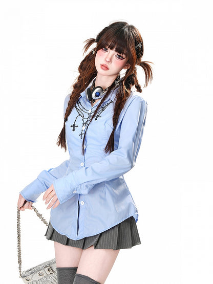 Back at White/Blue with Lace-up Detail Cross Chain Print Shirt