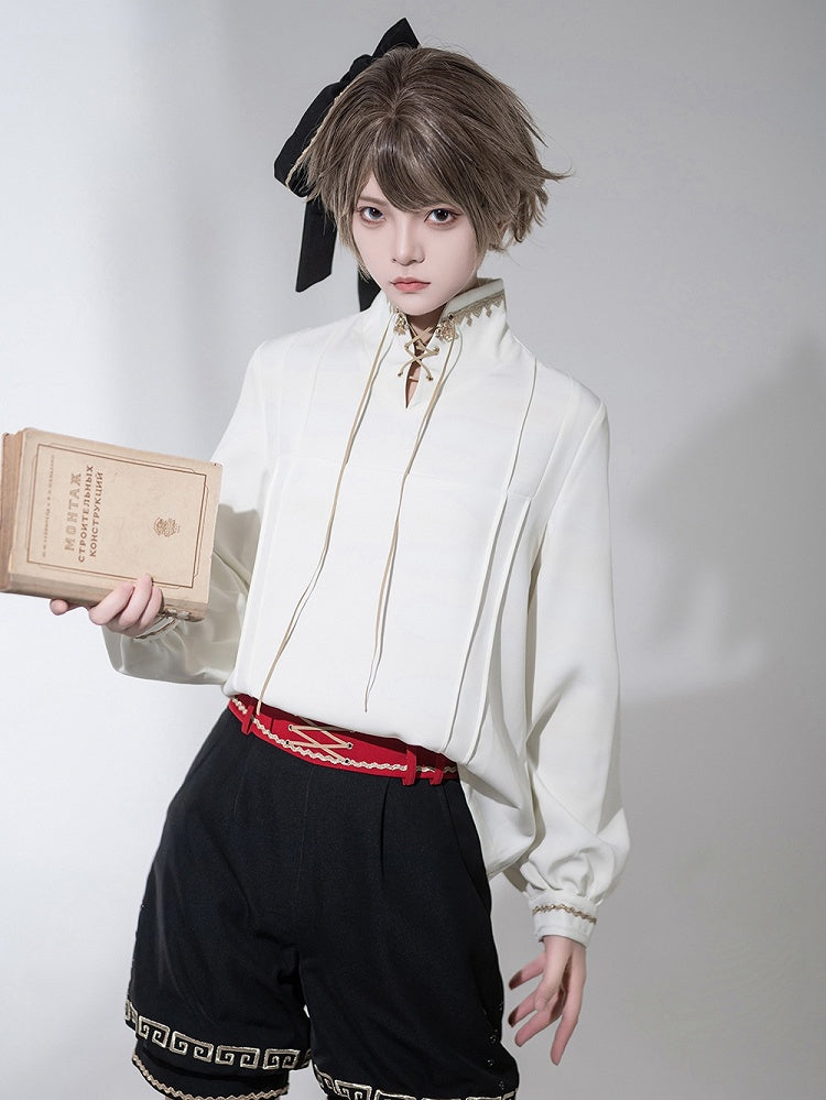 Chinoiserie Stand Ouji Hemd mit Schnürkragen Weiß