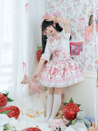 Pink Strawberry Bear Sweet Lolita Dress Cottagecore Country Jumper Skirt
