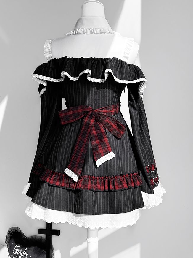 Dress Bell Plaid Tie Idol And Shoulder Cutout Lolita Black Bowknot Stripes Red With Sleeves