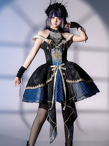 Rock im Gothic-Design, schulterfrei, Kreuzmuster, Frontprint, Pullover, kaskadierender Halsausschnitt, Rüschen