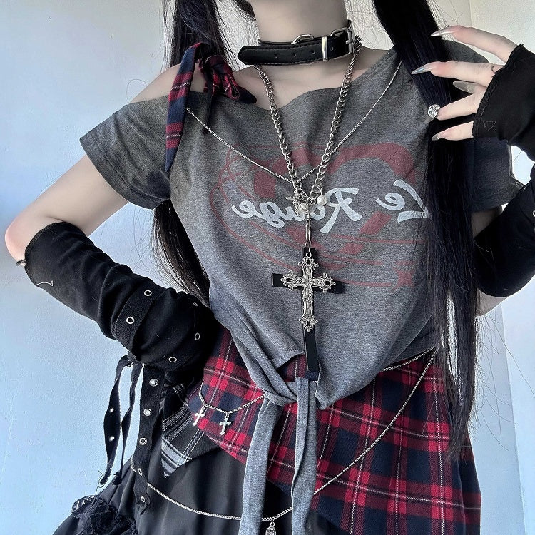 Print Asymmetrical Neckline Letter Y2K Black Glamorous T-shirt
