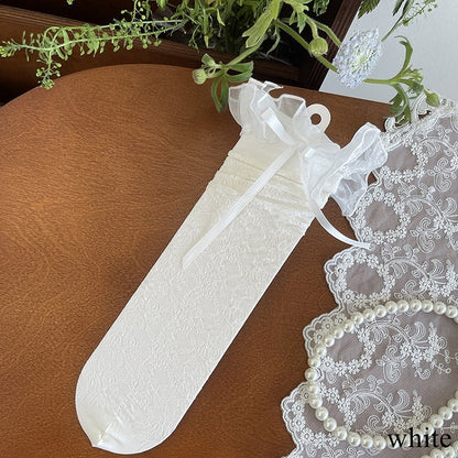 Underknee Details Stockings Black/Light Trim Lace Bowknot Hollow-out Yellow/White