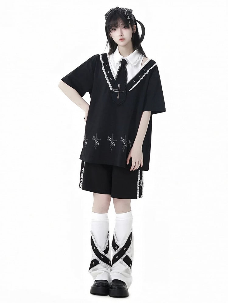 Lace Black Elastic Waist Contrast Shorts Trim Cross Charms