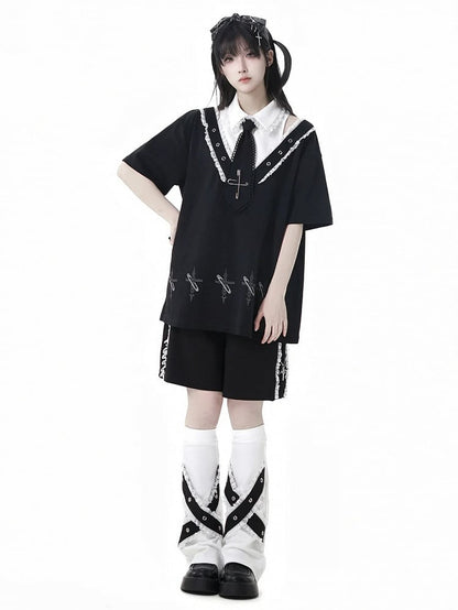 Lace Black Elastic Waist Contrast Shorts Trim Cross Charms