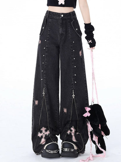 Waist Black Detail Jeans Punk Design Studs Zips High