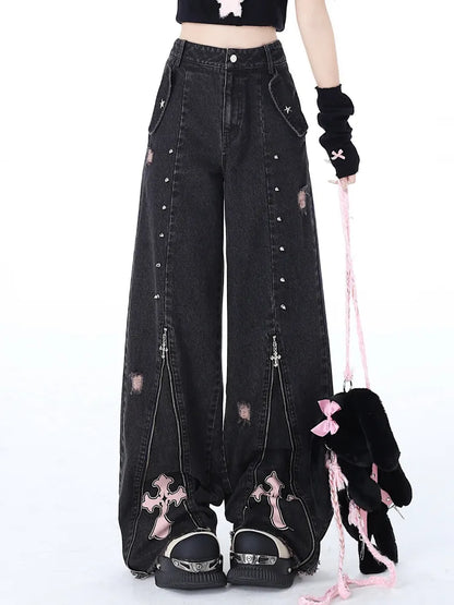 Studs High Waist Black Detail Punk Jeans Zips Design