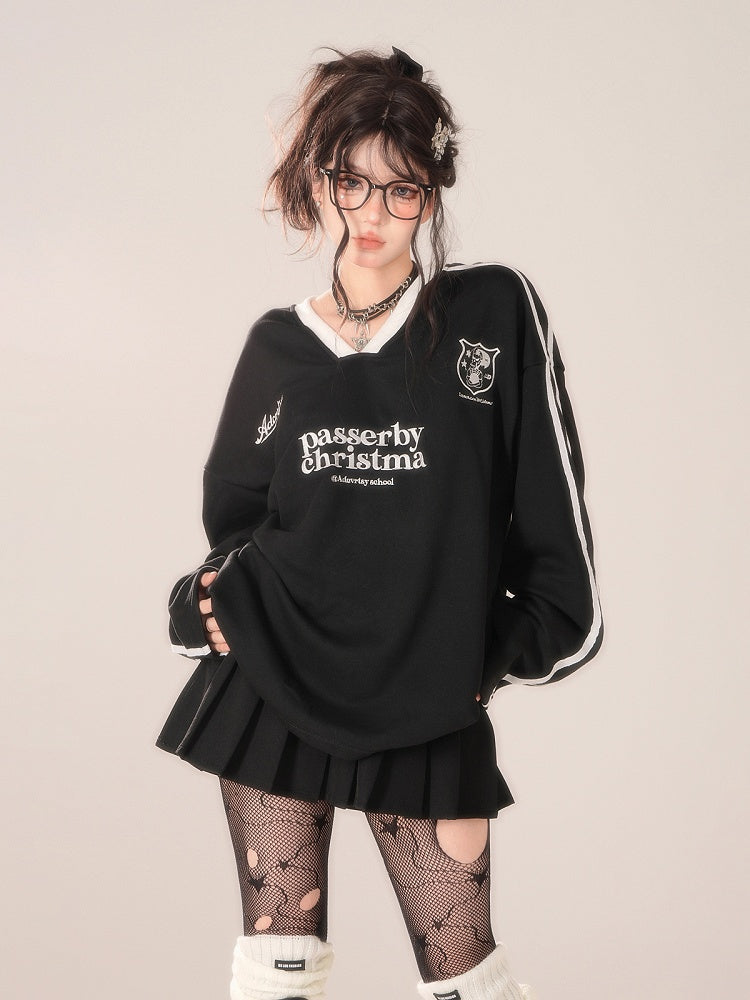 Lettering Top Long Sleeve Black V-Neck - Accents Striped Preppy