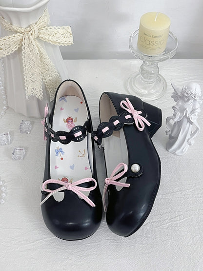 Perlenbesetzte runde Schuhe, schwarz, verzierte Spitze, geknotete Lolita-Schleife