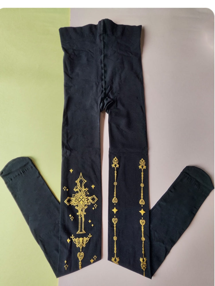 Gothic Lolita Gold Cross Print Black Tights