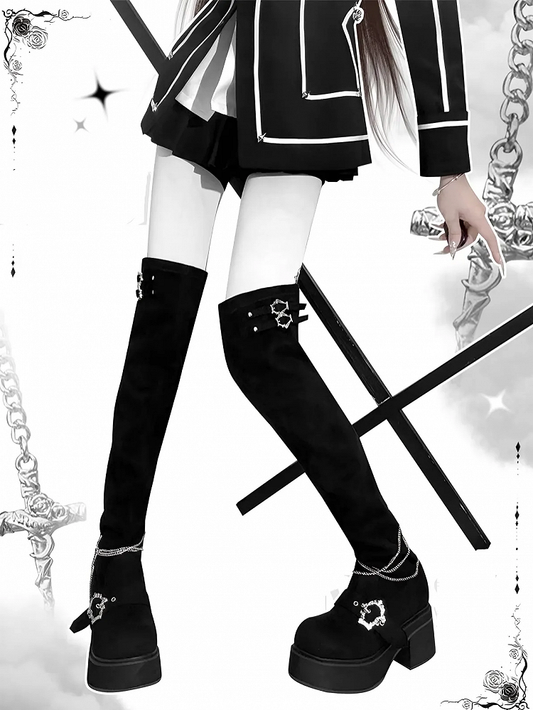 Boots Thigh-high Chain Black with Cross Velvet Coffin Platform Buckles Y2K Goth
