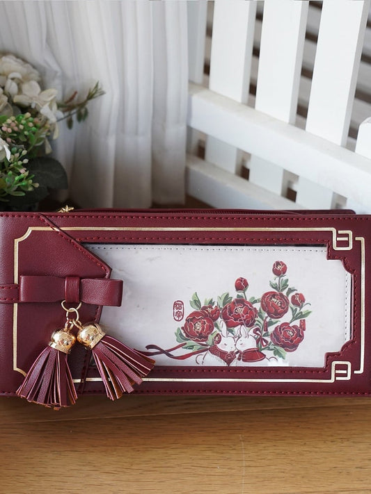 Red Fringe With Floral Wine PU Pattern Bag Style Accent Bow Cheongsam Ita