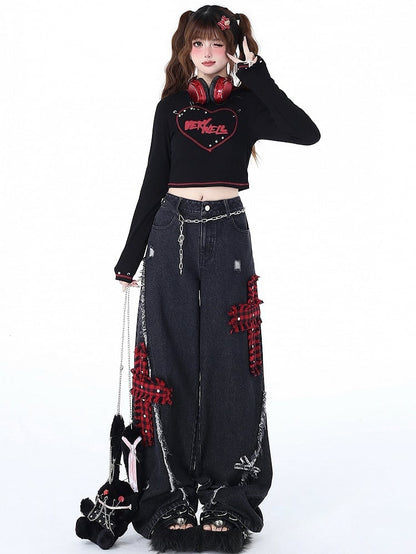 Wide Leg Punk Crosses Distressed Black Holes Plaid Jeans Red