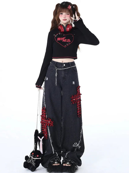 Black Wide Distressed Jeans Plaid Punk Leg Holes Red Crosses