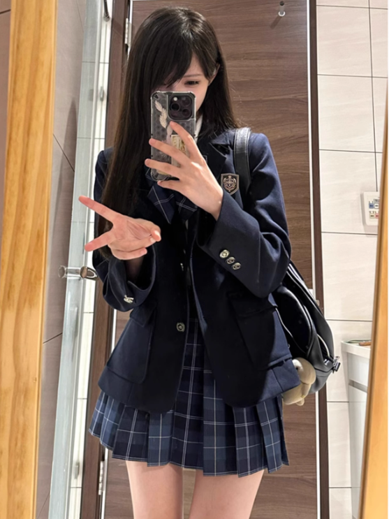 Blazer Button Preppy JK Cuffs Decorated Blue Style Badge Uniform Dark Design