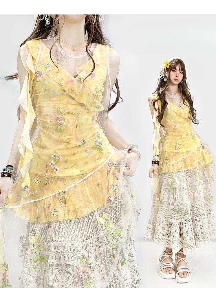 Floral Dress White Asymmetrical Yellow Beige Holiday Set- Sheer Embroidery + Skirt Hem