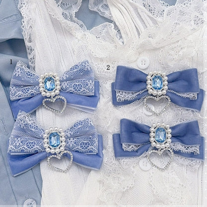 Blue Rhinestone Double-layer Jirai Kei Bowknot Hairclips