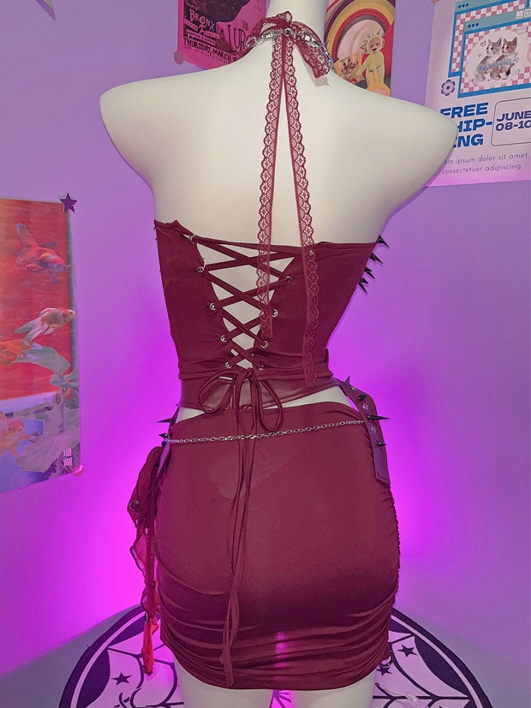 Top + Punk Studs Mini Set Skirt Red