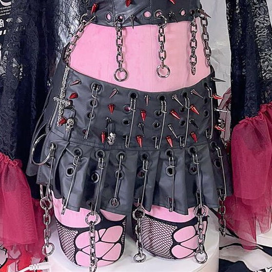 Charm Punk And Skirt Pin Chain Decorated Black Studs