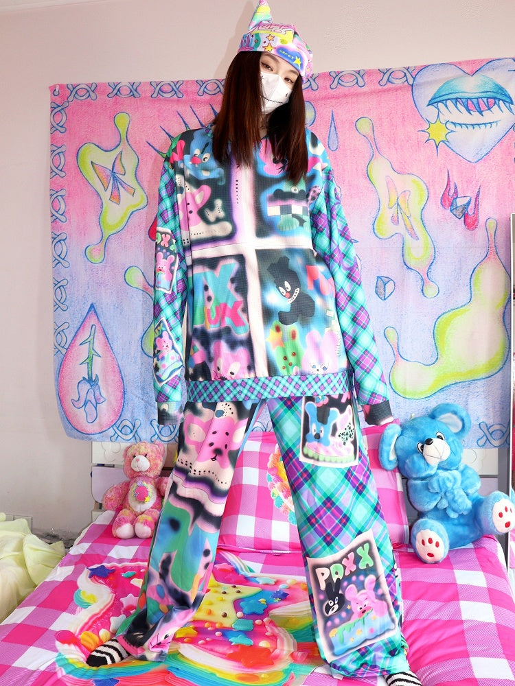 Pants And Flare Letter Cartoon Pattern Silhouette Y2K Colorful Plaid Print