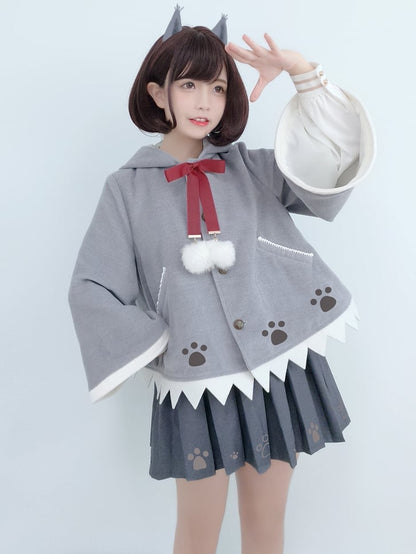 Grey Wolf Ears Paws Pattern Hooded Woolen Cape Tooth-shapedhem