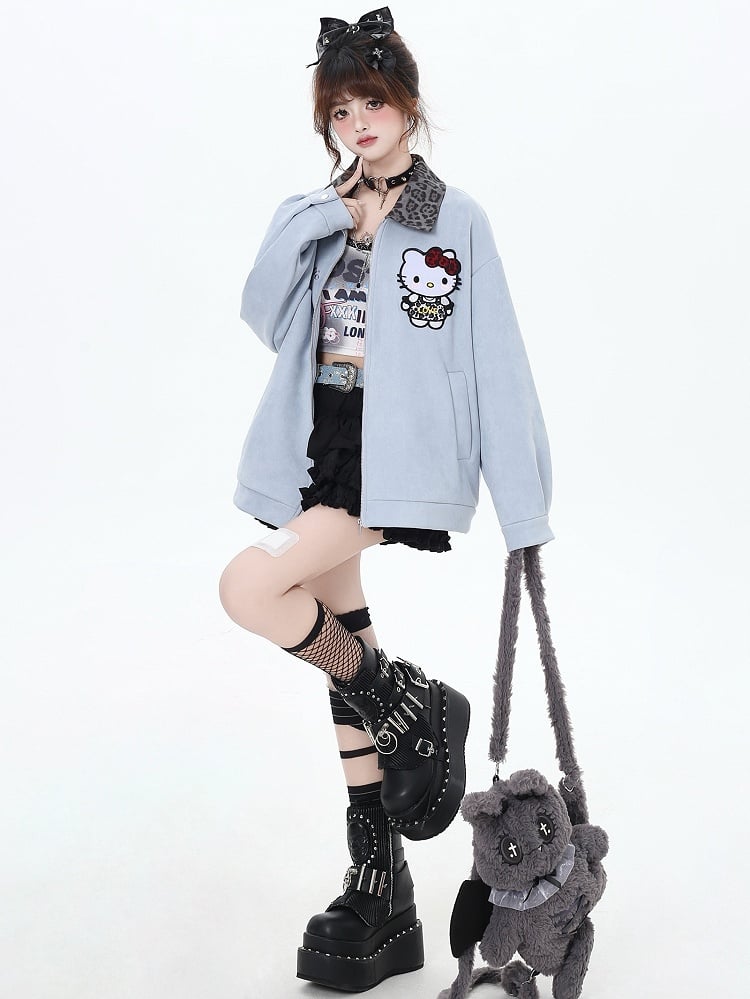 Veste de baseball à col léopard Blue Kitty