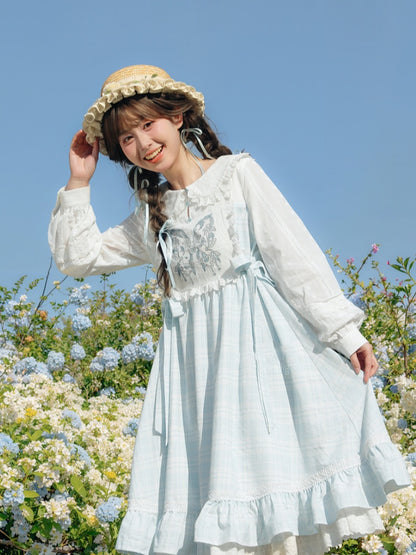 Robe Mori Kei brodée de papillons à carreaux bleus et blancs, style Alice au pays des merveilles