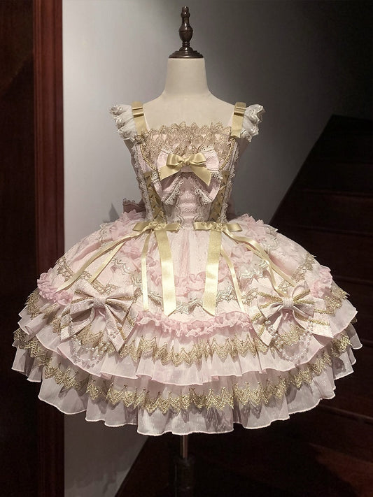 Chain Skirt Dress Pink Decorated Princess Lolita Bead Bows Tiered