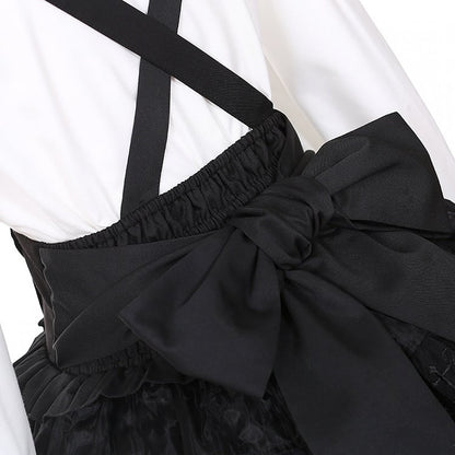 Jirai Kei Black Lace-up Detail High Waist Tulle Skirt Landmine Overall Dress