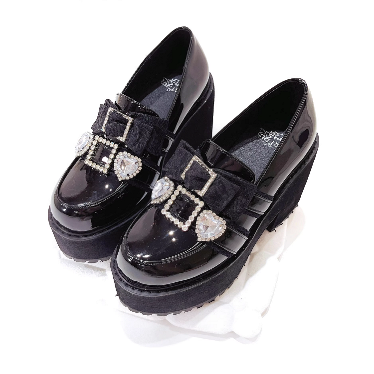 Jirai 10cm Pointed-Toe Loafers Polished Black Rhinestone Kei in Bow Platform with Heel Sweetheart