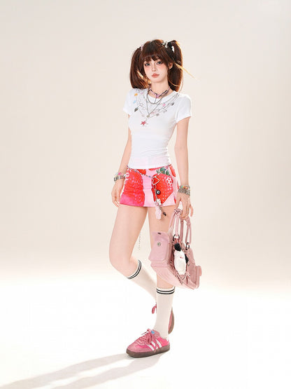T-Shirt White Round Neck Star Necklace Print