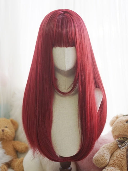 Red/Pink/Green/Purple/Dusty Blue/Orange Long Straight Wig With Full Bangs