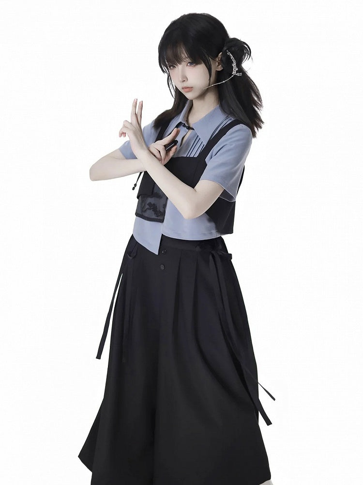 Button Cheongsam Style Top Embroidery Black Pine Tree Knot