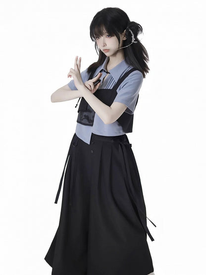 Button Cheongsam Style Top Embroidery Black Pine Tree Knot