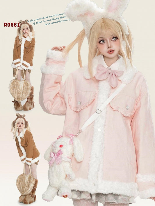 Pink/Camel Polo Collar Plush Trim Thick Jacket