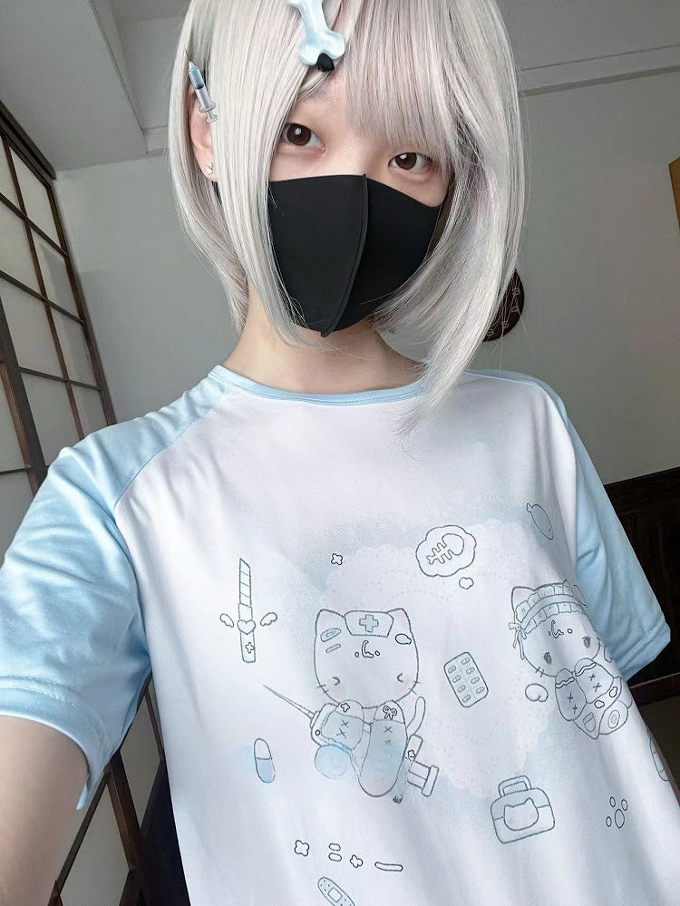 Kaiwai Print Round Kitty T-shirt Tenshi WhiteBlue Neck