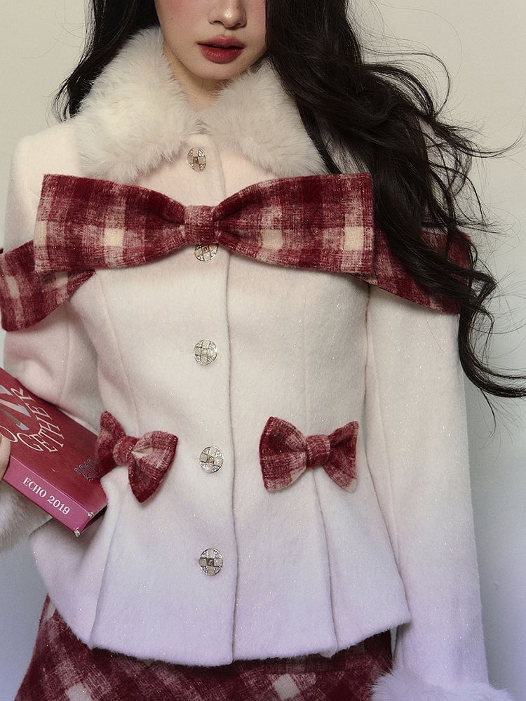 Apricot Plaid Bow Accents Woolen Jacket