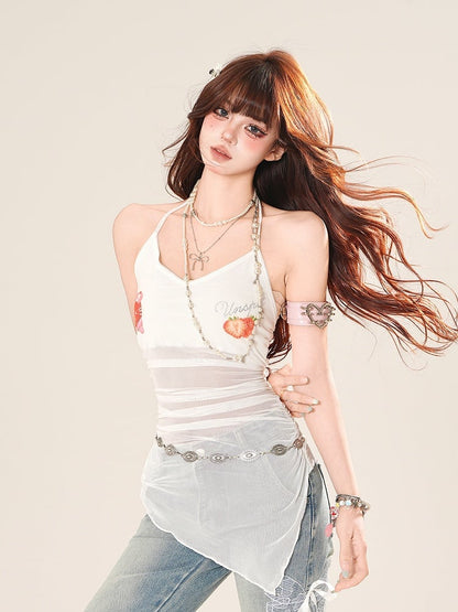 Halter Neck Mesh Hem Strawberry Print White Asymmetrical Top Sweet