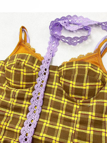 Scarf Cami Top Purple Plaid Y2K Yellow With